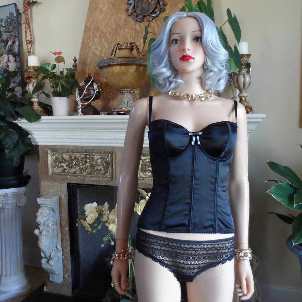 New Victoria's Secret Black Satin & Lace Corset & Panty Set Size 34D -SP